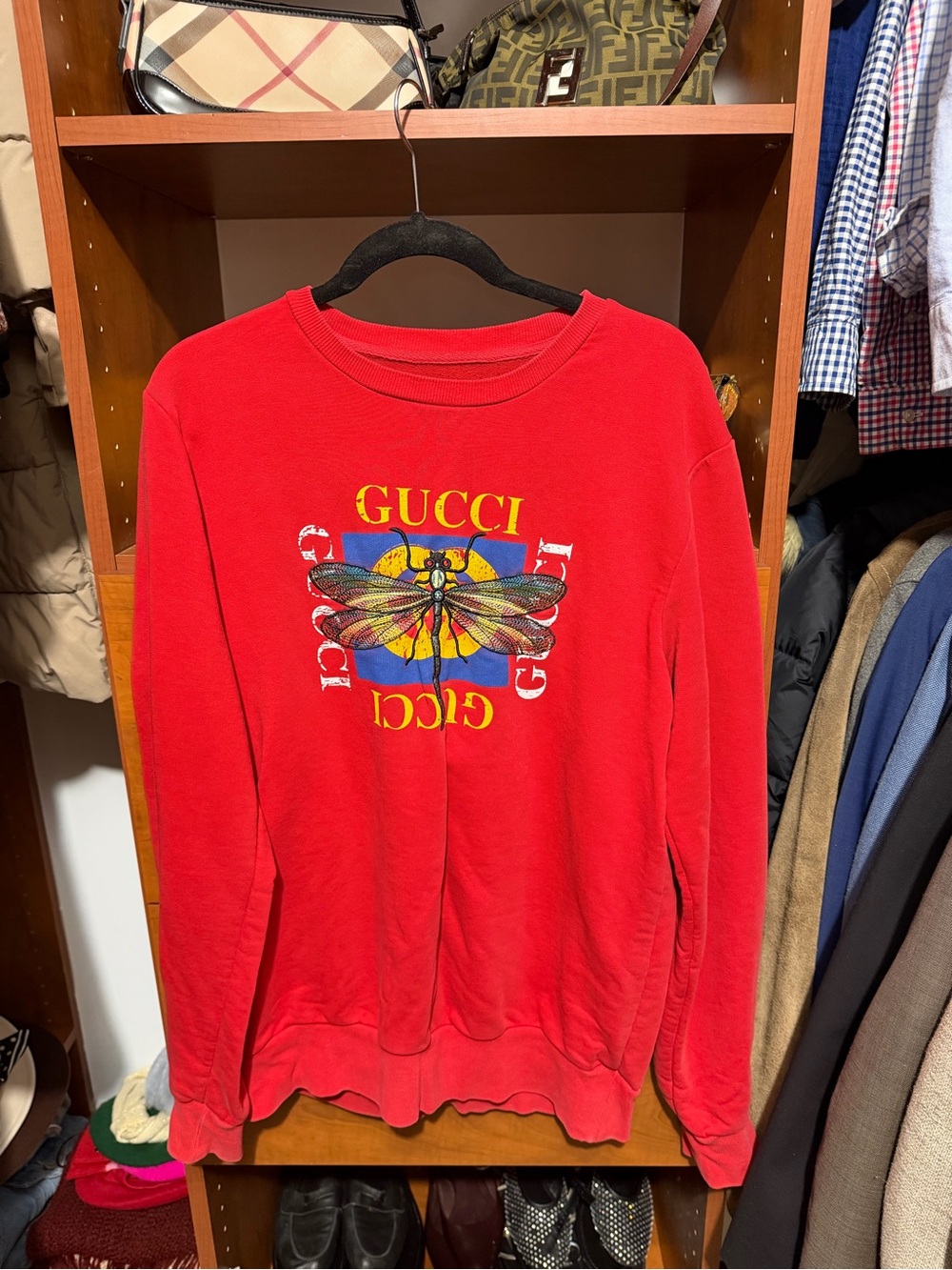 Gucci Red Crewneck with Multicolor Insect Graphic